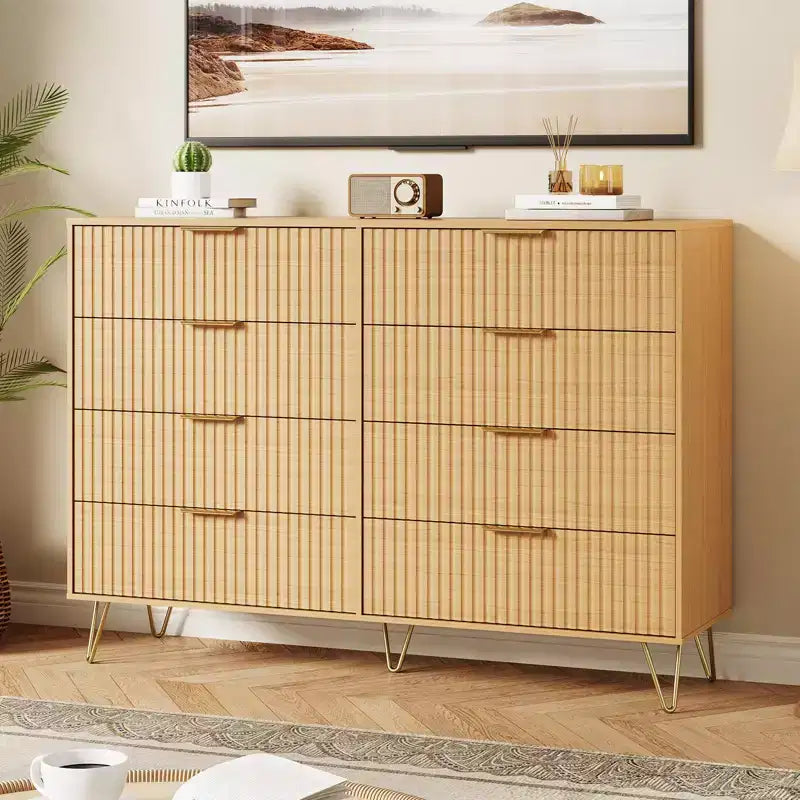 Cómoda acanalada con 8 cajones, cómoda moderna de madera de 55" de ancho con tiradores de metal, cómoda de dormitorio y mueble de TV para sala de estar
