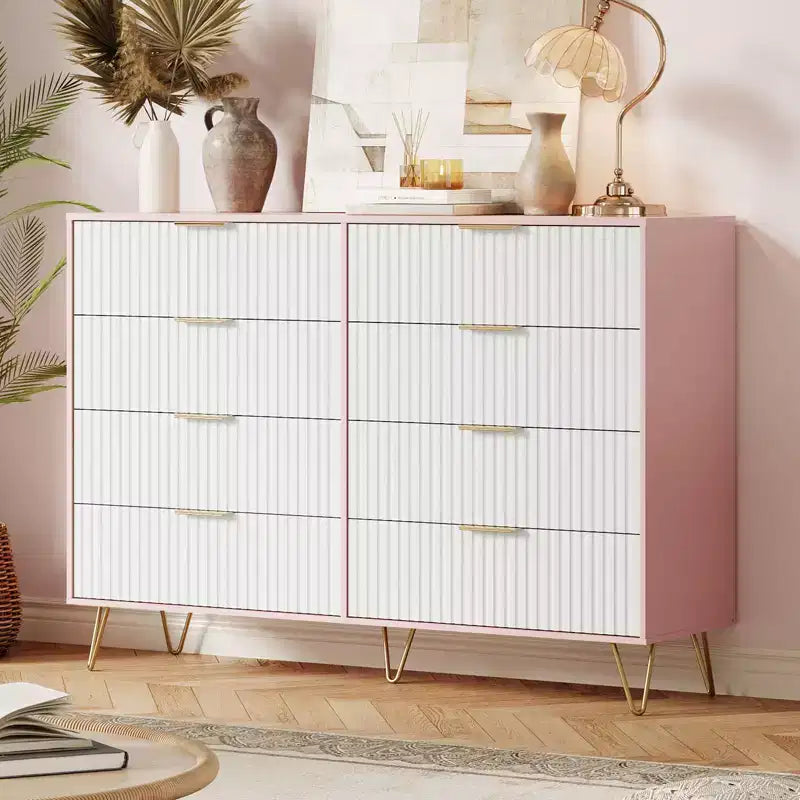 Cómoda acanalada con 8 cajones, cómoda moderna de madera de 55" de ancho con tiradores de metal, cómoda de dormitorio y mueble de TV para sala de estar