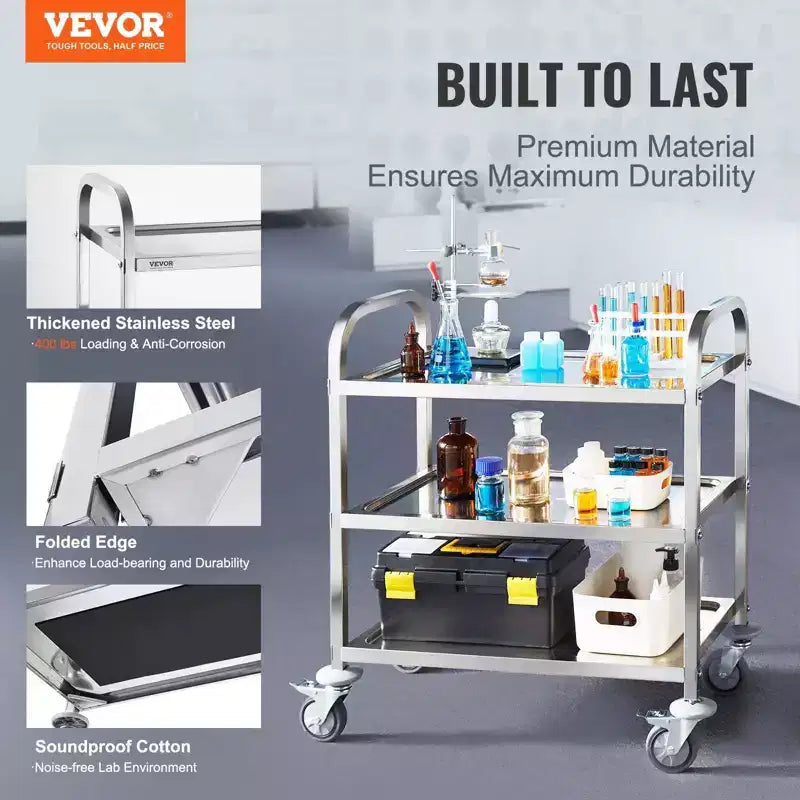 Carro utilitario/médico de acero inoxidable de 3 niveles de 18 pulgadas de alto, con ruedas universales bloqueables, para laboratorio/clínica/cocina/salón