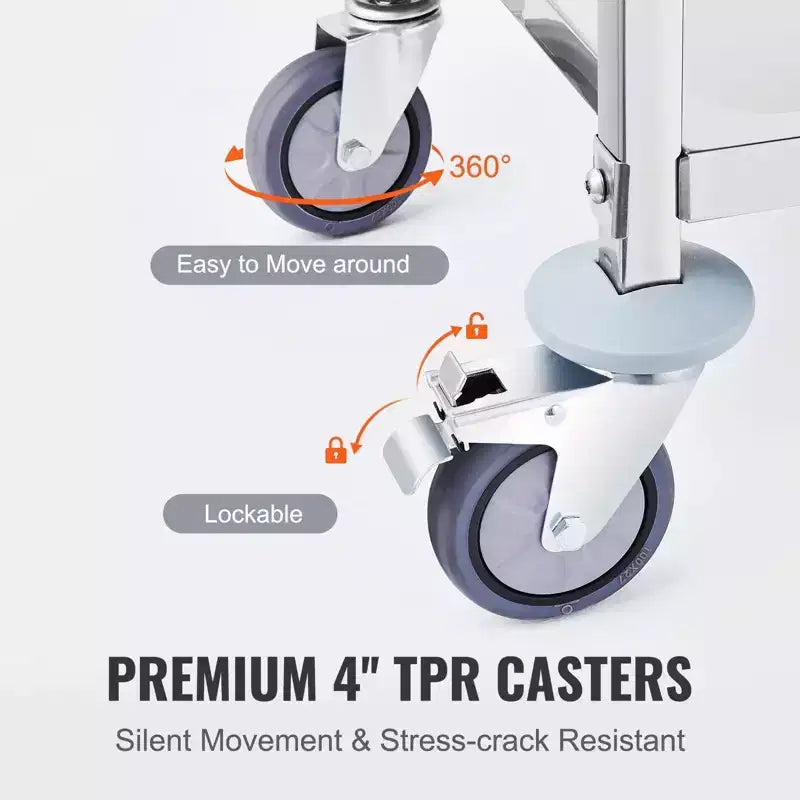 Carro utilitario/médico de acero inoxidable de 3 niveles de 18 pulgadas de alto, con ruedas universales bloqueables, para laboratorio/clínica/cocina/salón