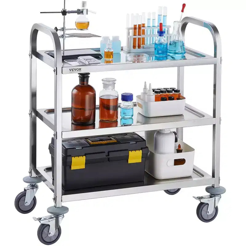 Carro utilitario/médico de acero inoxidable de 3 niveles de 18 pulgadas de alto, con ruedas universales bloqueables, para laboratorio/clínica/cocina/salón