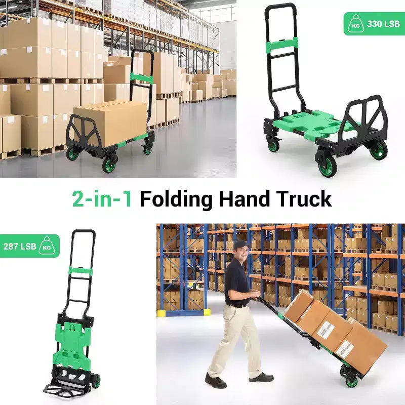 Carretilla de mano plegable 2 en 1 con cesta plegable, asa retráctil, capacidad de 330 lb, carro de plataforma portátil para compras, transporte de equipaje