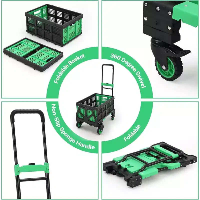 Carretilla de mano plegable 2 en 1 con cesta plegable, asa retráctil, capacidad de 330 lb, carro de plataforma portátil para compras, transporte de equipaje