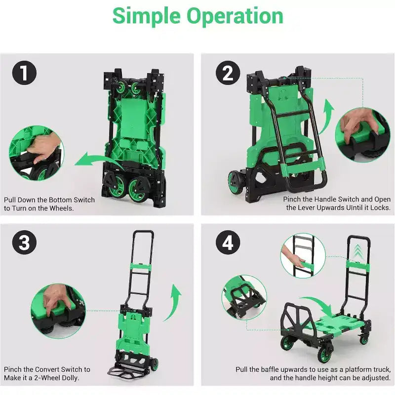 Carretilla de mano plegable 2 en 1 con cesta plegable, asa retráctil, capacidad de 330 lb, carro de plataforma portátil para compras, transporte de equipaje