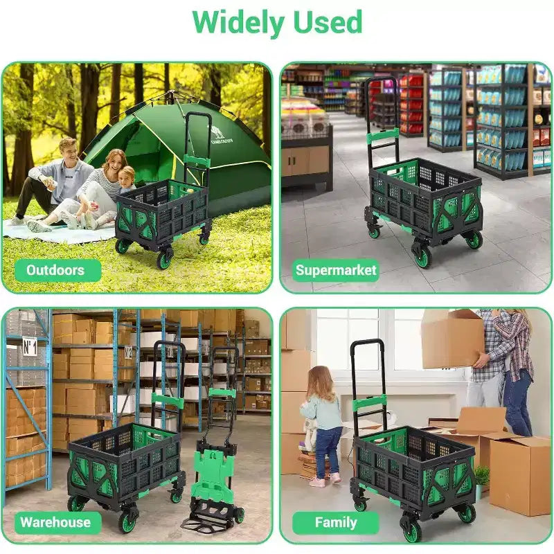 Carretilla de mano plegable 2 en 1 con cesta plegable, asa retráctil, capacidad de 330 lb, carro de plataforma portátil para compras, transporte de equipaje