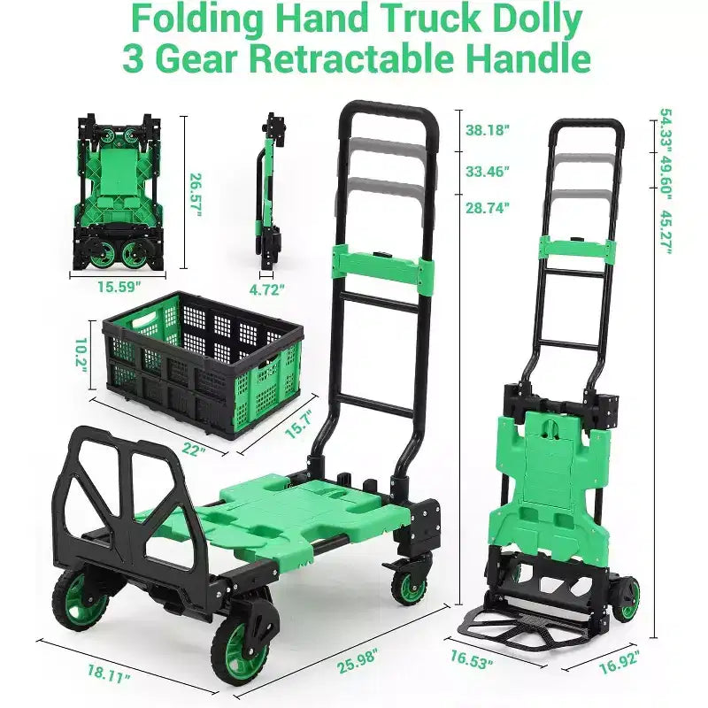 Carretilla de mano plegable 2 en 1 con cesta plegable, asa retráctil, capacidad de 330 lb, carro de plataforma portátil para compras, transporte de equipaje
