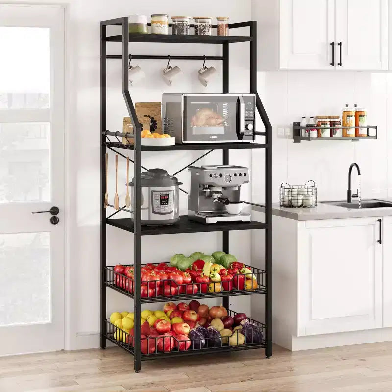 60CM Double-Frame Microwave Stand, 20 Square Pipe & PB Board, Black & Black, for Small Kitchen