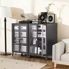 Mueble para almacenamiento multimedia de 35.8 pulgadas, soporte para TV estéreo AV con 4 estantes de vidrio ajustables y puertas de gabinete, marco de acero resistente para sala de estar, color negro