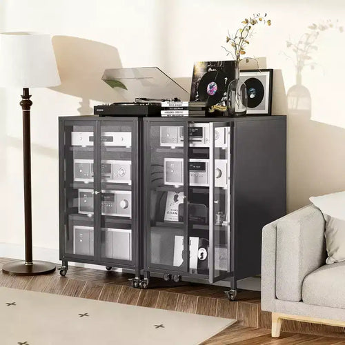 Mueble para almacenamiento multimedia de 35.8 pulgadas, soporte para TV estéreo AV con 4 estantes de vidrio ajustables y puertas de gabinete, marco de acero resistente para sala de estar, color negro
