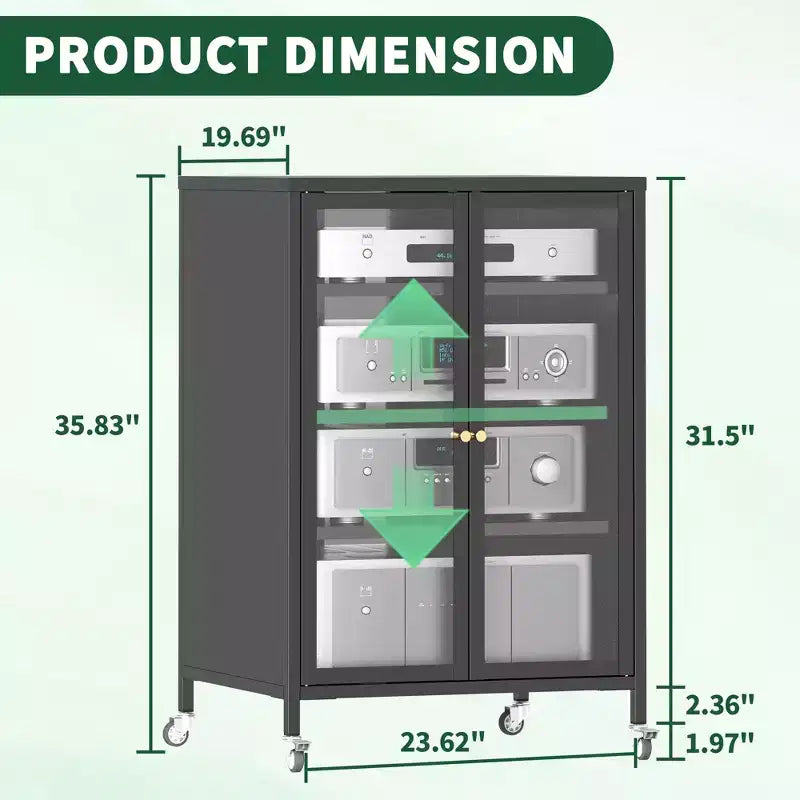 Mueble para almacenamiento multimedia de 35.8 pulgadas, soporte para TV estéreo AV con 4 estantes de vidrio ajustables y puertas de gabinete, marco de acero resistente para sala de estar, color negro