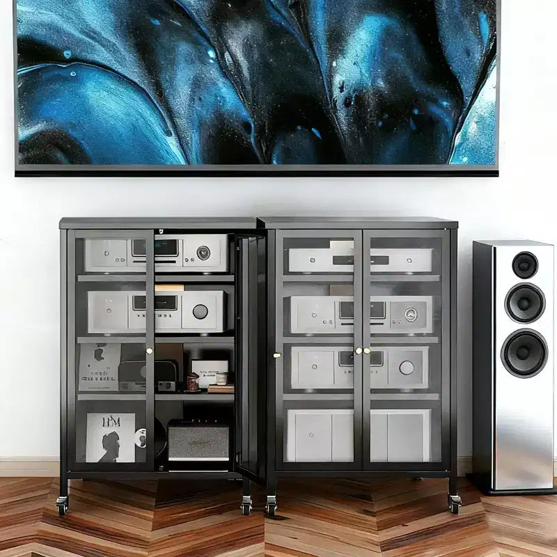 Mueble para almacenamiento multimedia de 35.8 pulgadas, soporte para TV estéreo AV con 4 estantes de vidrio ajustables y puertas de gabinete, marco de acero resistente para sala de estar, color negro
