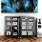 Mueble para almacenamiento multimedia de 35.8 pulgadas, soporte para TV estéreo AV con 4 estantes de vidrio ajustables y puertas de gabinete, marco de acero resistente para sala de estar, color negro
