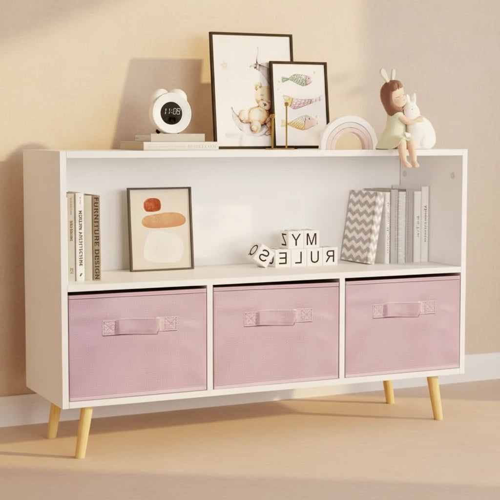 Kids Bookcase with Foldable Fabric Drawers, Wooden Material, Pink, for VC Account, Children's Room