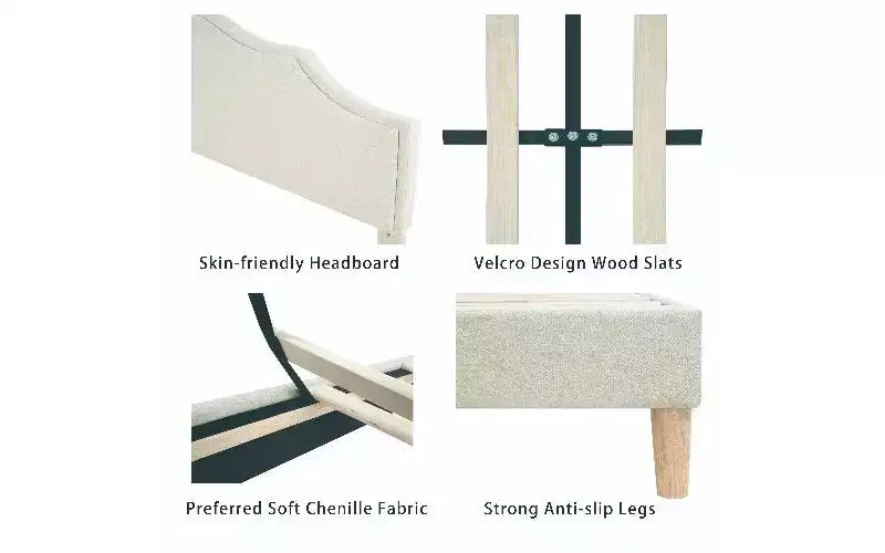 Cama moderna Queen Size con cabecero y piecero de lino, somier de plataforma de altura ajustable, no necesita somier de muelles