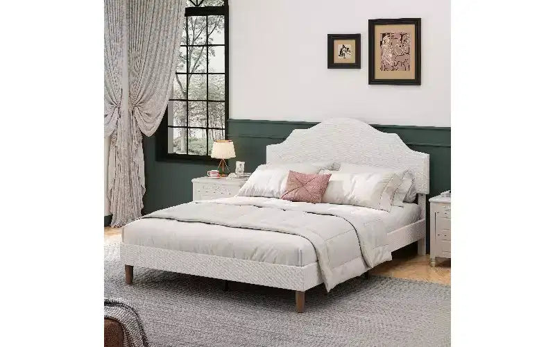 Cama moderna Queen Size con cabecero y piecero de lino, somier de plataforma de altura ajustable, no necesita somier de muelles
