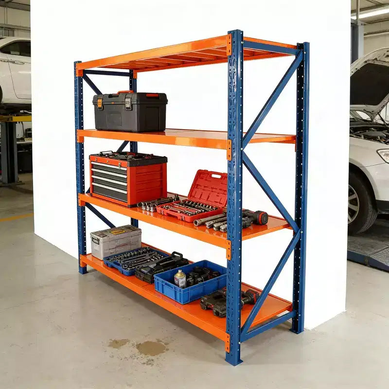 Estanterías de Garaje Reforzadas, Estantería Metálica Ajustable de 4 Niveles con Capacidad de 4400 LBS, Almacenamiento Industrial Azul y Naranja para Tienda Comercial/Herramientas/Gimnasio