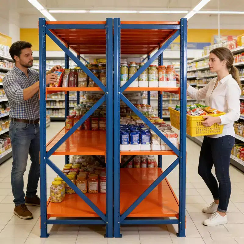 Estanterías de Garaje Reforzadas, Estantería Metálica Ajustable de 4 Niveles con Capacidad de 4400 LBS, Almacenamiento Industrial Azul y Naranja para Tienda Comercial/Herramientas/Gimnasio