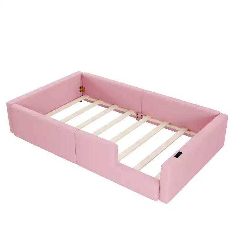 Cama de plataforma baja tamaño Twin con barandilla de longitud completa, estructura de cama de madera tapizada con estación de carga
