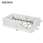 Cama de plataforma baja tamaño Twin con barandilla de longitud completa, estructura de cama de madera tapizada con estación de carga