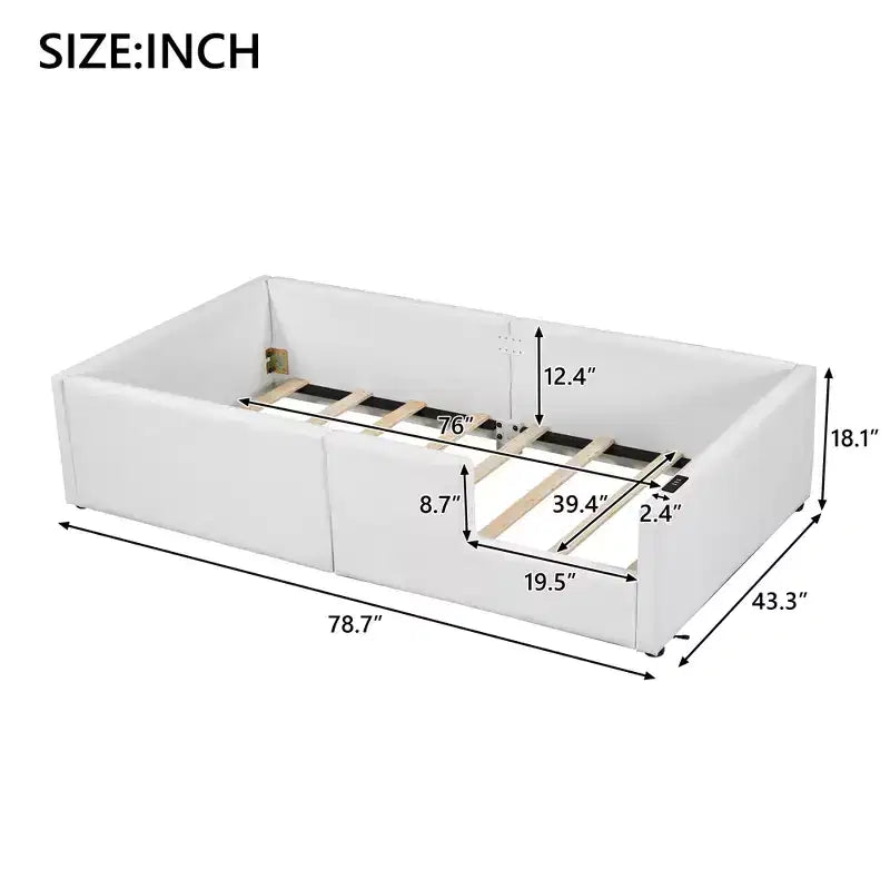 Cama de plataforma baja tamaño Twin con barandilla de longitud completa, estructura de cama de madera tapizada con estación de carga