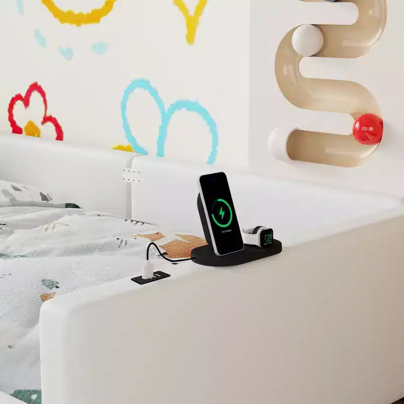 Cama de plataforma baja tamaño Twin con barandilla de longitud completa, estructura de cama de madera tapizada con estación de carga