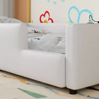 Cama de plataforma baja tamaño Twin con barandilla de longitud completa, estructura de cama de madera tapizada con estación de carga