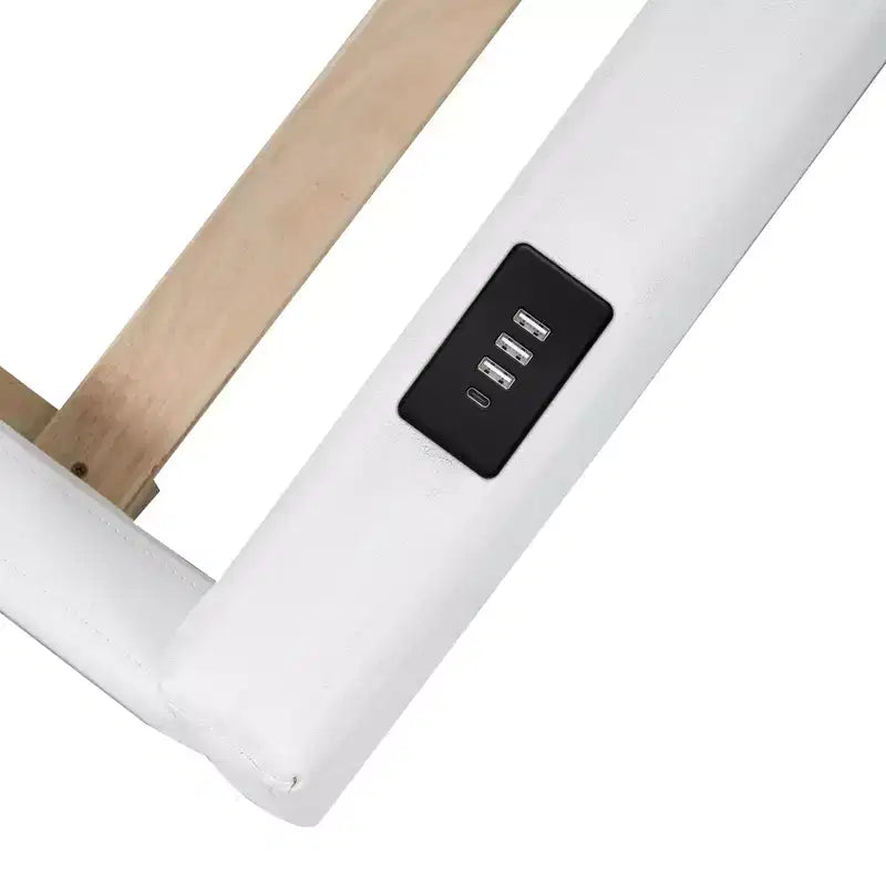 Cama de plataforma baja tamaño Twin con barandilla de longitud completa, estructura de cama de madera tapizada con estación de carga