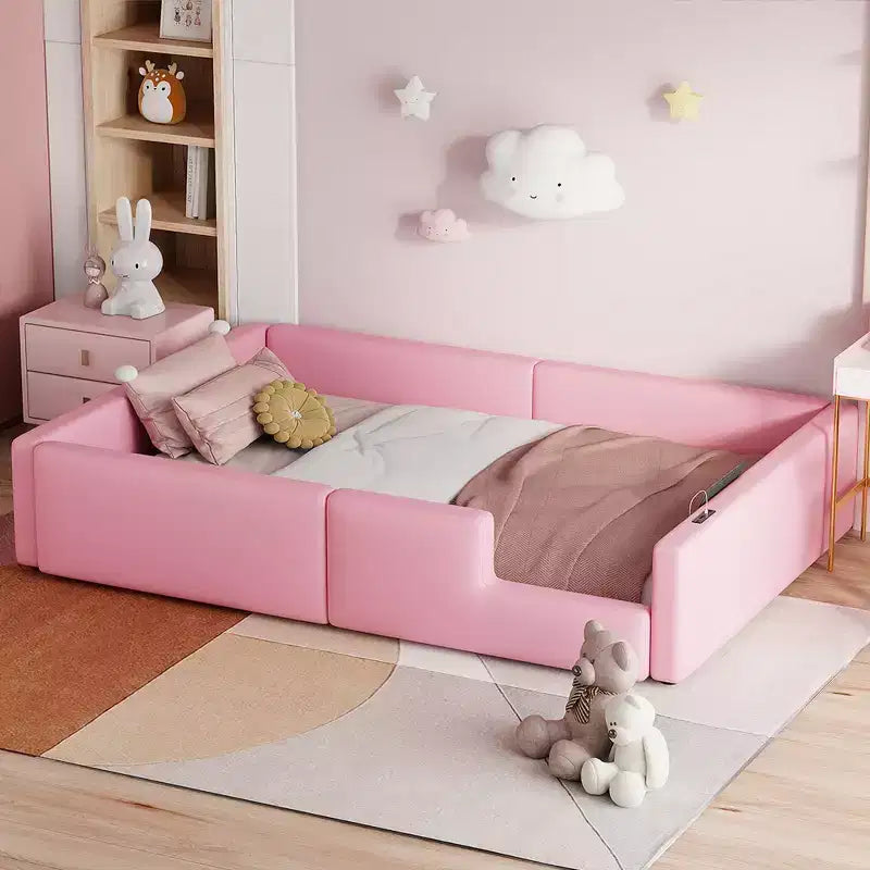 Cama de plataforma baja tamaño Twin con barandilla de longitud completa, estructura de cama de madera tapizada con estación de carga