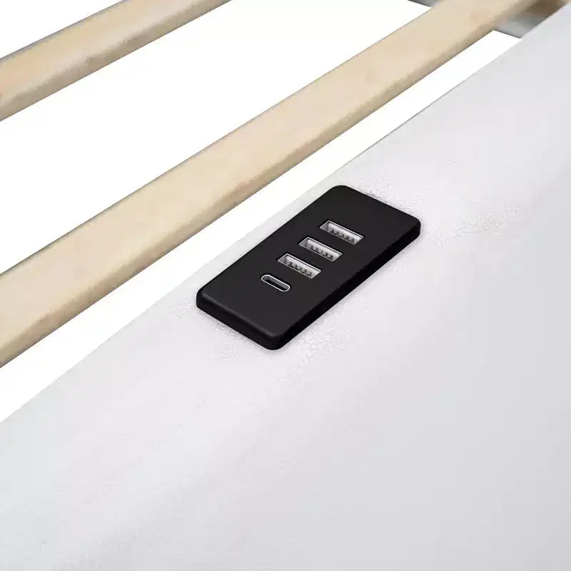 Cama de plataforma baja tamaño Twin con barandilla de longitud completa, estructura de cama de madera tapizada con estación de carga