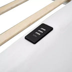 Cama de plataforma baja tamaño Twin con barandilla de longitud completa, estructura de cama de madera tapizada con estación de carga