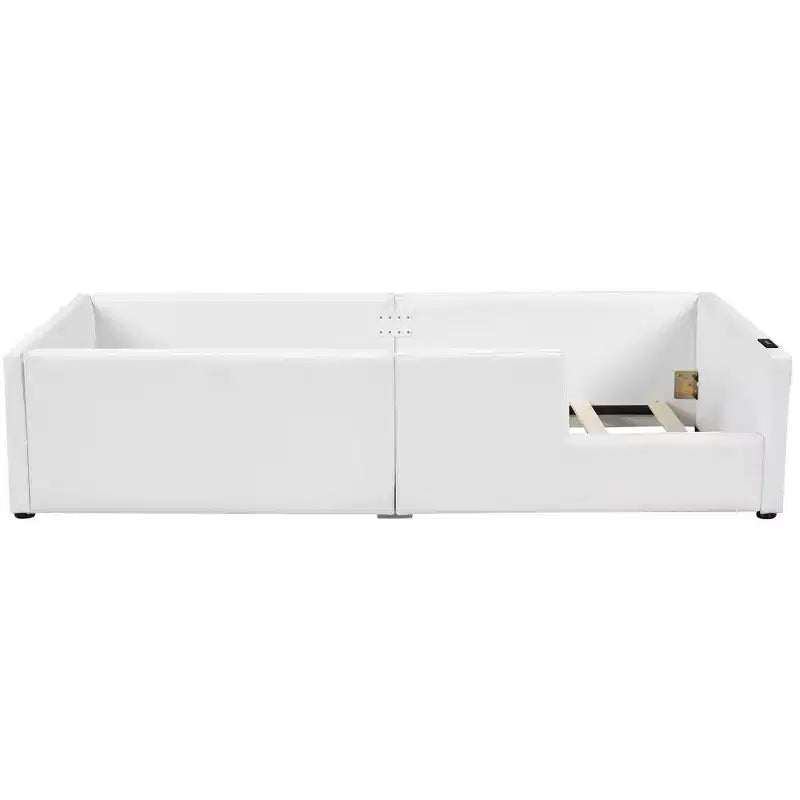 Cama de plataforma baja tamaño Twin con barandilla de longitud completa, estructura de cama de madera tapizada con estación de carga