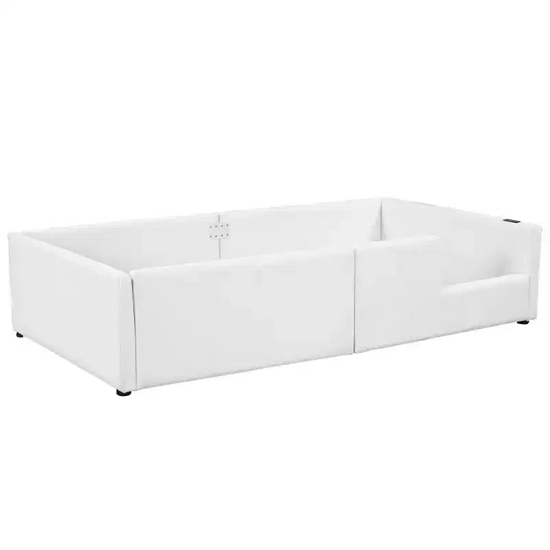 Cama de plataforma baja tamaño Twin con barandilla de longitud completa, estructura de cama de madera tapizada con estación de carga