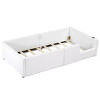 Cama de plataforma baja tamaño Twin con barandilla de longitud completa, estructura de cama de madera tapizada con estación de carga