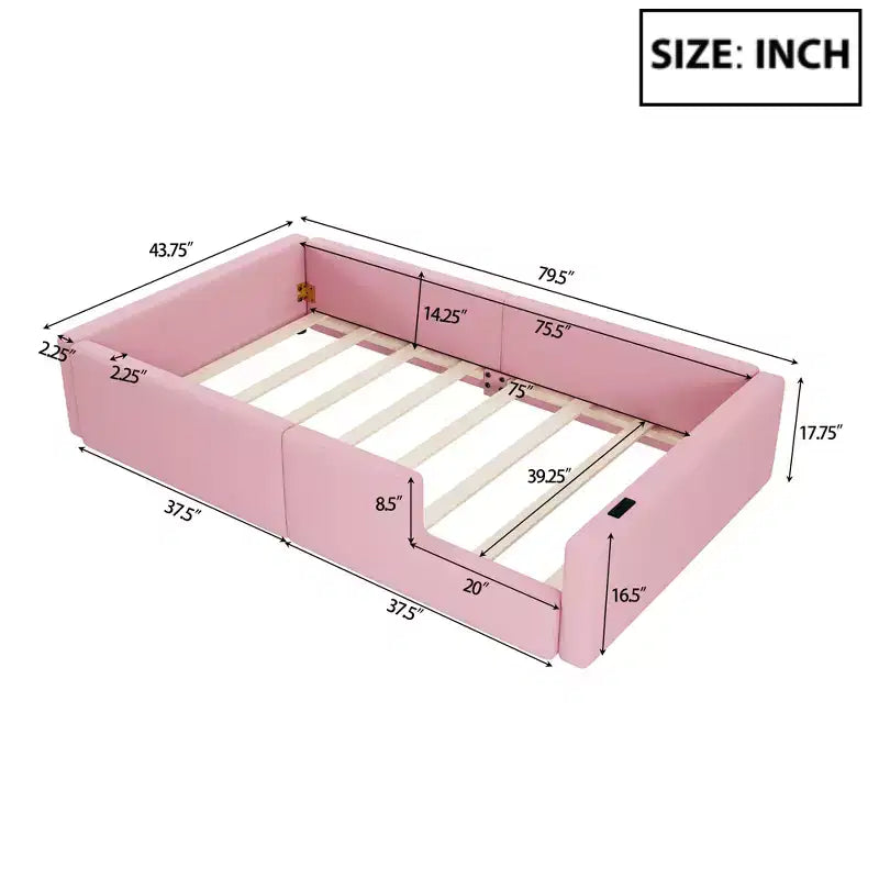 Cama de plataforma baja tamaño Twin con barandilla de longitud completa, estructura de cama de madera tapizada con estación de carga