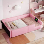 Cama de plataforma baja tamaño Twin con barandilla de longitud completa, estructura de cama de madera tapizada con estación de carga