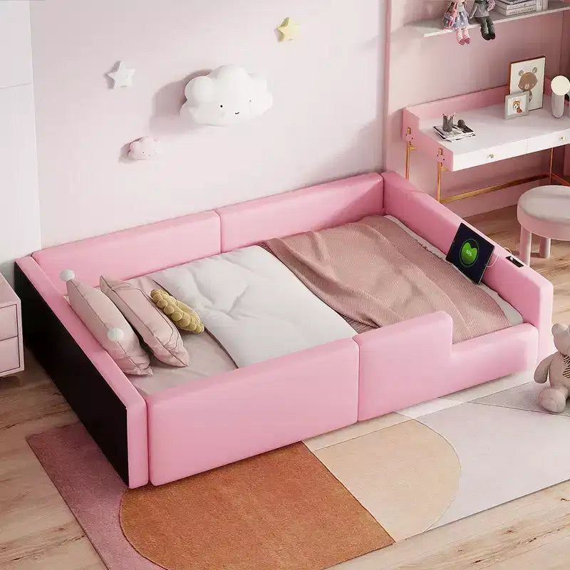 Cama de plataforma baja tamaño Twin con barandilla de longitud completa, estructura de cama de madera tapizada con estación de carga