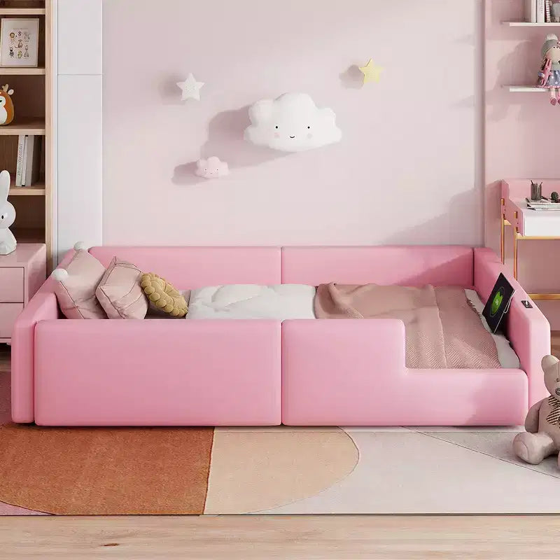 Cama de plataforma baja tamaño Twin con barandilla de longitud completa, estructura de cama de madera tapizada con estación de carga