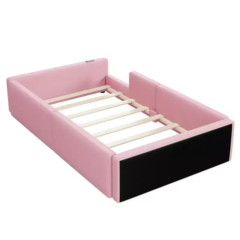 Cama de plataforma baja tamaño Twin con barandilla de longitud completa, estructura de cama de madera tapizada con estación de carga