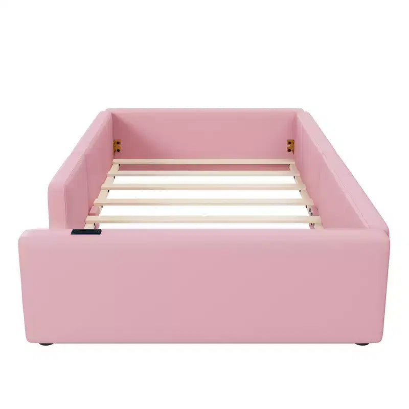 Cama de plataforma baja tamaño Twin con barandilla de longitud completa, estructura de cama de madera tapizada con estación de carga