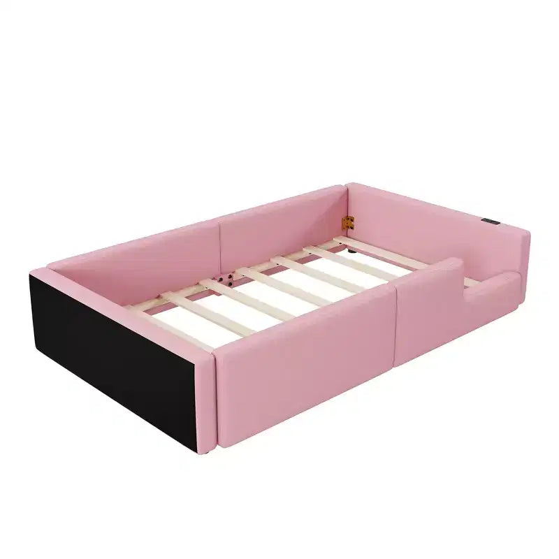 Cama de plataforma baja tamaño Twin con barandilla de longitud completa, estructura de cama de madera tapizada con estación de carga