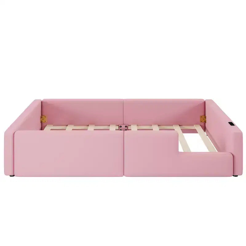 Cama de plataforma baja tamaño Twin con barandilla de longitud completa, estructura de cama de madera tapizada con estación de carga