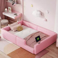 Twin Size Floor Platform Bed with Full-Length Guardrail, Upholstered Wooden Bedfram with Charging Station