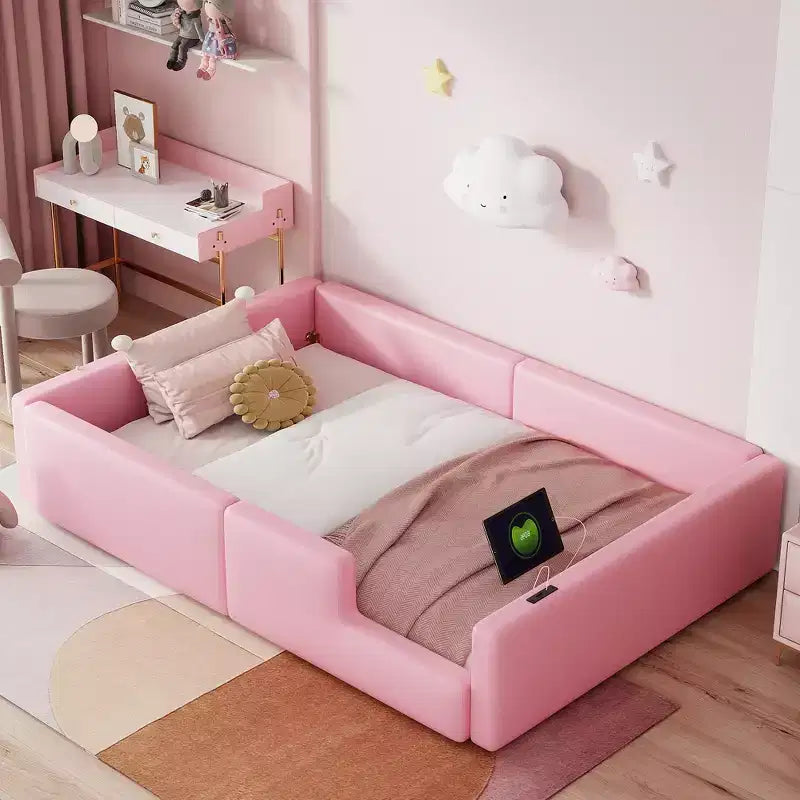 Twin Size Floor Platform Bed with Full-Length Guardrail, Upholstered Wooden Bedfram with Charging Station