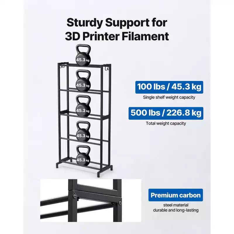Estante de almacenamiento de filamentos para impresora 3D, estantería de almacenamiento de 5 niveles de alta resistencia para filamentos de impresión 3D, soportes para carretes de filamento, negro