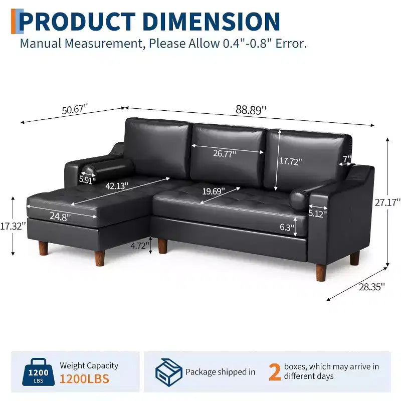 Sofá seccional en forma de L de 88.9" con chaise convertible, sofá moderno de piel sintética de 3 plazas de mediados de siglo, asientos profundos para sala de estar, apartamento, naranja