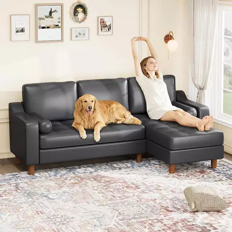 Sofá seccional en forma de L de 88.9" con chaise convertible, sofá moderno de piel sintética de 3 plazas de mediados de siglo, asientos profundos para sala de estar, apartamento, naranja
