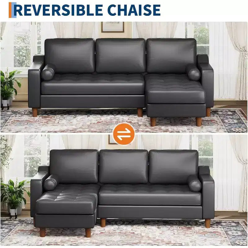 Sofá seccional en forma de L de 88.9" con chaise convertible, sofá moderno de piel sintética de 3 plazas de mediados de siglo, asientos profundos para sala de estar, apartamento, naranja