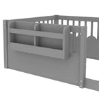 Cama baja para niños con valla elevada y estantería, estructura de cama Montessori de madera doble para niñas y niños