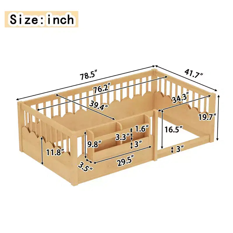Cama baja para niños con valla elevada y estantería, estructura de cama Montessori de madera doble para niñas y niños