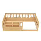 Cama baja para niños con valla elevada y estantería, estructura de cama Montessori de madera doble para niñas y niños